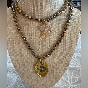 “Queen Bee” Sparkly Double-Knotted Beaded Necklace with Crystals Pendent.